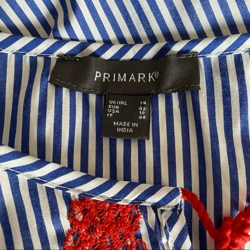 Primark Blue White Striped Blouse Red Embroidery - Picture 2 of 8
